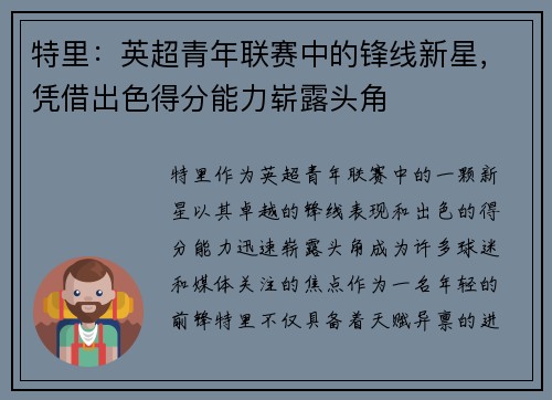 特里:英超青年联赛中的锋线新星,凭借出色得分能力崭露头角 特里:英超青年联赛中的锋线新星,凭借出色得分能力崭露头角