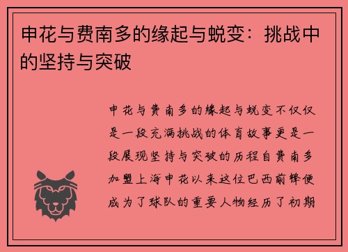 申花与费南多的缘起与蜕变:挑战中的坚持与突破 申花与费南多的缘起与蜕变:挑战中的坚持与突破